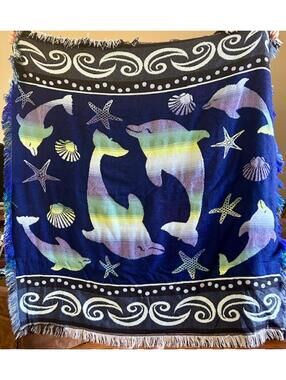 Reversible Ocean-Themed Throw Blanket with Dolphins and Starfish